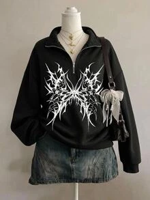 SHEIN 青少年女孩秋季黑色四分之一拉鍊小立領圖案印花寬鬆長袖套頭運動衫，返校季冬季舒適休閒街頭風 - 黑色 - 查看 3