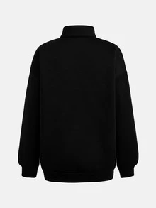 SHEIN 青少年女孩秋季黑色四分之一拉鍊小立領圖案印花寬鬆長袖套頭運動衫，返校季冬季舒適休閒街頭風 - 黑色 - 查看 2