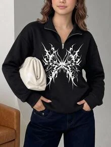 SHEIN 青少年女孩秋季黑色四分之一拉鍊小立領圖案印花寬鬆長袖套頭運動衫，返校季冬季舒適休閒街頭風 - 黑色 - 查看 4