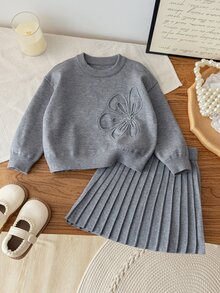 SHEIN 4-7歲女童白色3D手工刺繡大花圓領針織毛衣百褶裙2件套，柔軟嬰兒公主風幼兒秋季套裝 - 灰色 - 查看 4