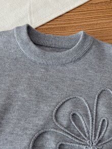 SHEIN 4-7歲女童白色3D手工刺繡大花圓領針織毛衣百褶裙2件套，柔軟嬰兒公主風幼兒秋季套裝 - 灰色 - 查看 5