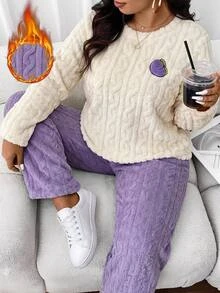 SHEIN CURVE+ Plus Size Women's Comfortable Long Sleeve Top And Loose Pants Loungewear Set For Autumn/Winter Fall - Purple - View 2