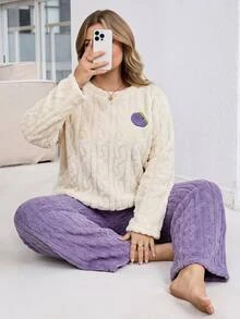 SHEIN CURVE+ Plus Size Women's Comfortable Long Sleeve Top And Loose Pants Loungewear Set For Autumn/Winter Fall - Purple - View 6
