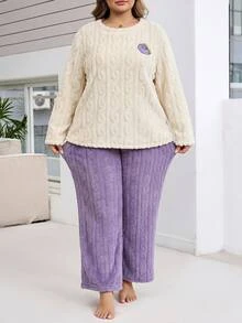 SHEIN CURVE+ Plus Size Women's Comfortable Long Sleeve Top And Loose Pants Loungewear Set For Autumn/Winter Fall - Purple - View 4