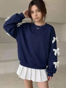 SHEIN 青少年女孩可愛 Y2K 海軍藍蝴蝶結緞帶撞色長袖衛衣，秋季上衣，秋季穿搭，連帽衫，白色上衣，休閒，女性化 - 藏蓝色 - 查看 1