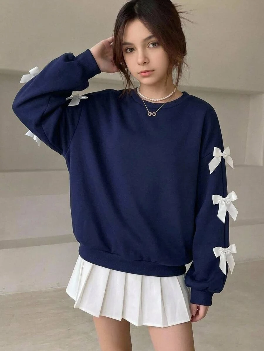 SHEIN 青少年女孩可愛 Y2K 海軍藍蝴蝶結緞帶撞色長袖衛衣,秋季上衣,秋季穿搭,連帽衫,白色上衣,休閒,女性化 - 藏蓝色 - 查看 1