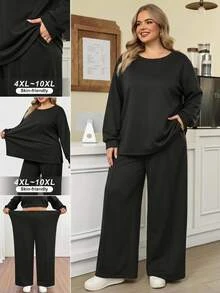 SHEIN CURVE+ Plus Size Women's Comfortable Casual Minimalist Solid Color Sweatshirt & Pants 2 Pieces Set, Suitable For Layering Or Wearing Separately, Perfect For Autumn/Winter - Black - View 1