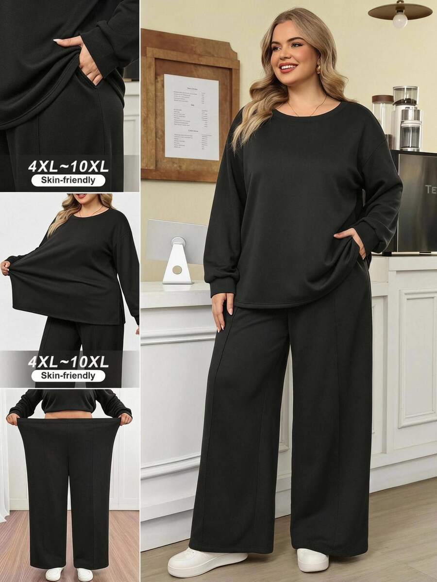 SHEIN CURVE+ Plus Size Women's Comfortable Casual Minimalist Solid Color Sweatshirt & Pants 2 Pieces Set, Suitable For Layering Or Wearing Separately, Perfect For Autumn/Winter - Black - View 1