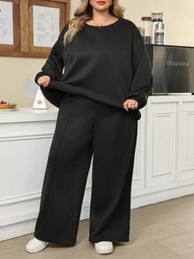 SHEIN CURVE+ Plus Size Women's Comfortable Casual Minimalist Solid Color Sweatshirt & Pants 2 Pieces Set, Suitable For Layering Or Wearing Separately, Perfect For Autumn/Winter - Black - View 4