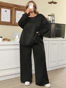SHEIN CURVE+ Plus Size Women's Comfortable Casual Minimalist Solid Color Sweatshirt & Pants 2 Pieces Set, Suitable For Layering Or Wearing Separately, Perfect For Autumn/Winter - Black - View 5