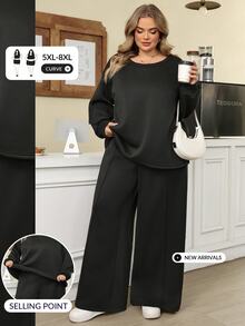SHEIN CURVE+ Plus Size Women's Comfortable Casual Minimalist Solid Color Sweatshirt & Pants 2 Pieces Set, Suitable For Layering Or Wearing Separately, Perfect For Autumn/Winter - Black - View 8