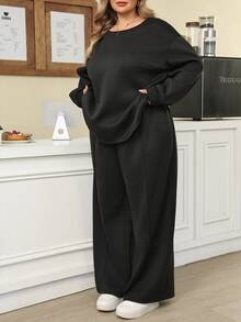 SHEIN CURVE+ Plus Size Women's Comfortable Casual Minimalist Solid Color Sweatshirt & Pants 2 Pieces Set, Suitable For Layering Or Wearing Separately, Perfect For Autumn/Winter - Black - View 6