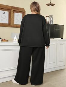 SHEIN CURVE+ Plus Size Women's Comfortable Casual Minimalist Solid Color Sweatshirt & Pants 2 Pieces Set, Suitable For Layering Or Wearing Separately, Perfect For Autumn/Winter - Black - View 9