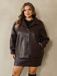 SHEIN CURVE+ Women's Plus Size 2 Pieces Set PU Leather Jacket & Skirt, Autumn/Winter Fashion Outfit, Suitable For 5XL-8XL - Brown - View 6