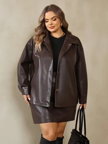 SHEIN CURVE+ Women's Plus Size 2 Pieces Set PU Leather Jacket & Skirt, Autumn/Winter Fashion Outfit, Suitable For 5XL-8XL - Brown - View 5