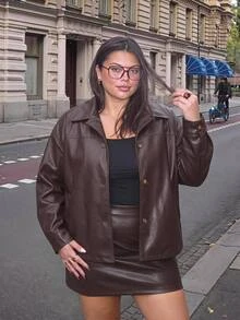 SHEIN CURVE+ Women's Plus Size 2 Pieces Set PU Leather Jacket & Skirt, Autumn/Winter Fashion Outfit, Suitable For 5XL-8XL - Brown - View 9