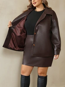 SHEIN CURVE+ Women's Plus Size 2 Pieces Set PU Leather Jacket & Skirt, Autumn/Winter Fashion Outfit, Suitable For 5XL-8XL - Brown - View 8