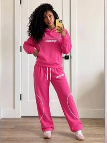 SHEIN Core Rhythm Women's Letter Pattern Hooded Long Sleeve Sweatshirt & Sweatpants Casual Daily Sports Set - Rose Red - View 1