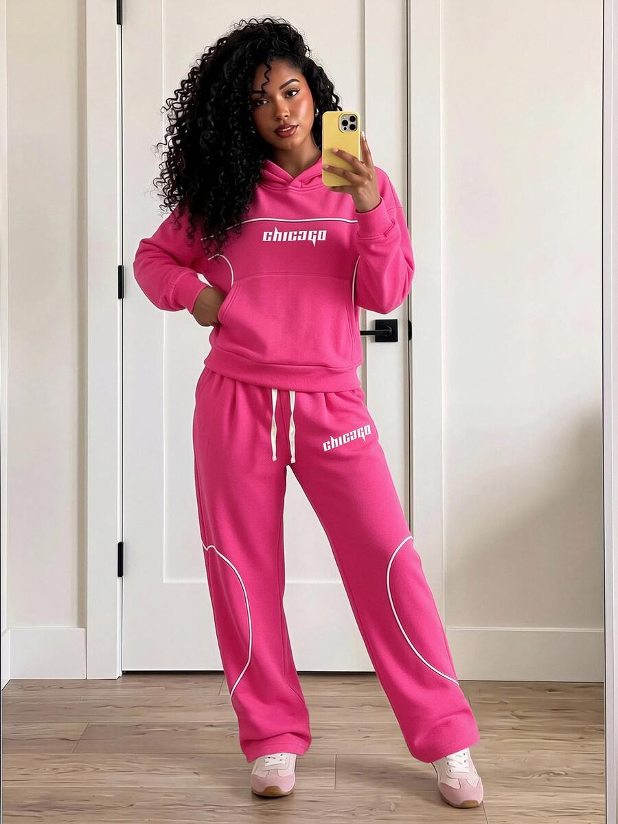 SHEIN Core Rhythm Women's Letter Pattern Hooded Long Sleeve Sweatshirt & Sweatpants Casual Daily Sports Set - Rose Red - View 1