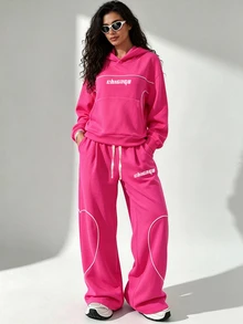 SHEIN Core Rhythm Women's Letter Pattern Hooded Long Sleeve Sweatshirt & Sweatpants Casual Daily Sports Set - Rose Red - View 7