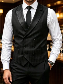 Manfinity Mode Men's Shawl-Collar Vest, Elegant, For Parties Party, Formal Business Casual, Wealthy Gatherings, Ceremonies Wedding Charcoal Gray Autumn - Black - View 3