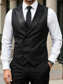 Manfinity Mode Men's Shawl-Collar Vest, Elegant, For Parties Party, Formal Business Casual, Wealthy Gatherings, Ceremonies Wedding Charcoal Gray Autumn - Black - View 6