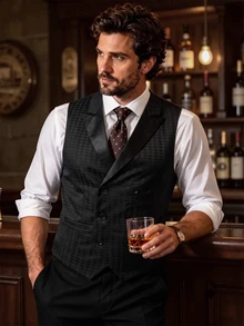 Manfinity Mode Men's Shawl-Collar Vest, Elegant, For Parties Party, Formal Business Casual, Wealthy Gatherings, Ceremonies Wedding Charcoal Gray Autumn - Black - View 8
