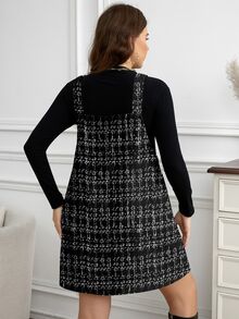 SHEIN CURVE+ Plus Size Women's Casual Black Strap Dress With Pockets - Black and White - View 6