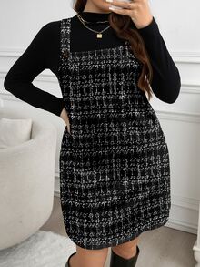 SHEIN CURVE+ Plus Size Women's Casual Black Strap Dress With Pockets - Black and White - View 7