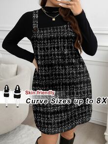 SHEIN CURVE+ Plus Size Women's Casual Black Strap Dress With Pockets - Black and White - View 8