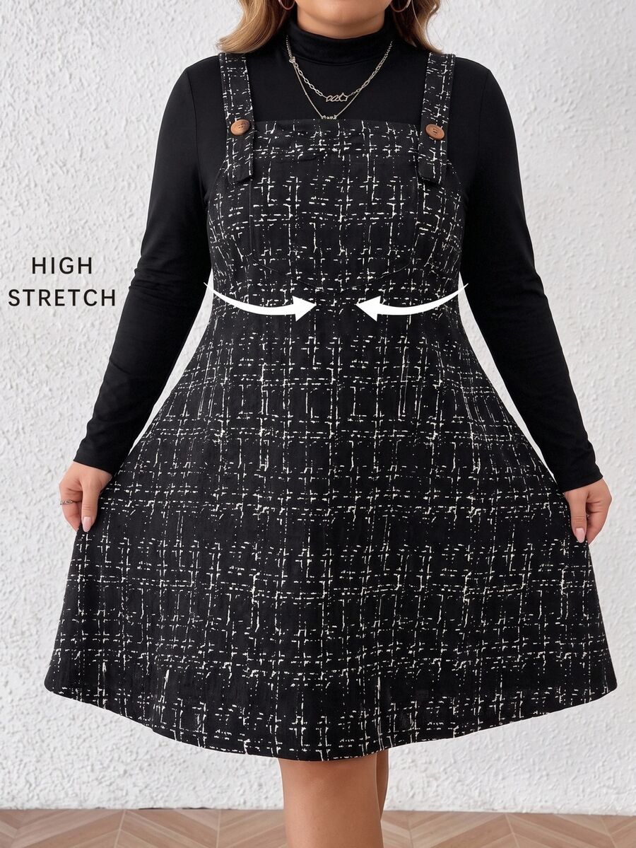 SHEIN CURVE+ Plus Size Women's Casual Black Strap Dress With Pockets - Black and White - View 1