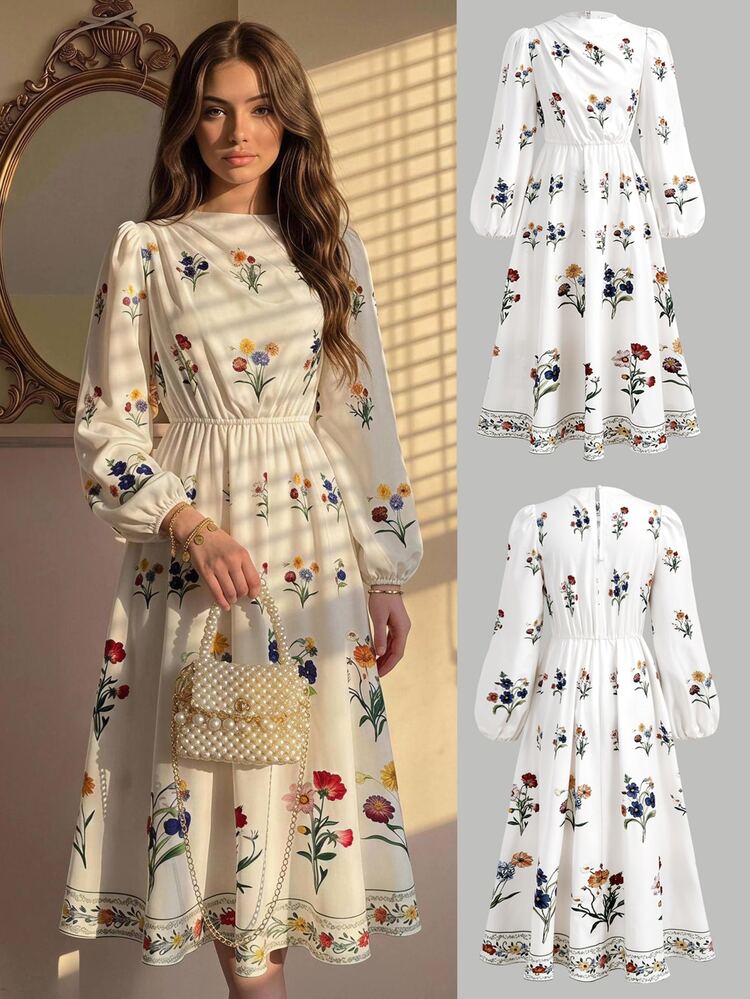 SHEIN Girlism Kids Tween Girl Dresses Fall Floral Print Long Sleeve Casual Dress, Girls Casual Fashion Commute Stand Collar Lantern Sleeve A-Line Dress - Apricot - View 1