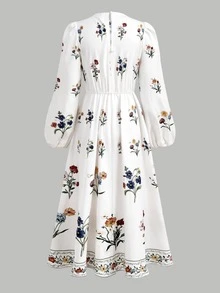 SHEIN Girlism 兒童青少年女孩秋季花卉印花長袖休閒洋裝，女童休閒時尚通勤立領燈籠袖A字洋裝 - 杏色 - 查看 2