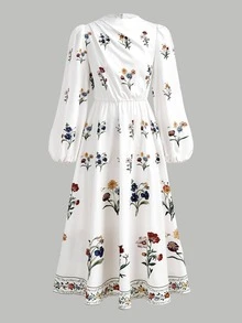 SHEIN Girlism 兒童青少年女孩秋季花卉印花長袖休閒洋裝，女童休閒時尚通勤立領燈籠袖A字洋裝 - 杏色 - 查看 3