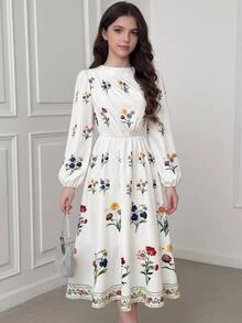 SHEIN Girlism 兒童青少年女孩秋季花卉印花長袖休閒洋裝，女童休閒時尚通勤立領燈籠袖A字洋裝 - 杏色 - 查看 1