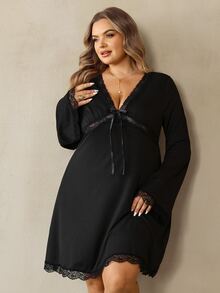 SHEIN CURVE+ Plus Size Women's Black Bell Sleeve, Christmas Halloween, Bow Decor Contrast Lace Dress - Black - View 5