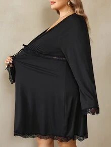 SHEIN CURVE+ Plus Size Women's Black Bell Sleeve, Christmas Halloween, Bow Decor Contrast Lace Dress - Black - View 7