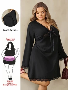 SHEIN CURVE+ Plus Size Women's Black Bell Sleeve, Christmas Halloween, Bow Decor Contrast Lace Dress - Black - View 1