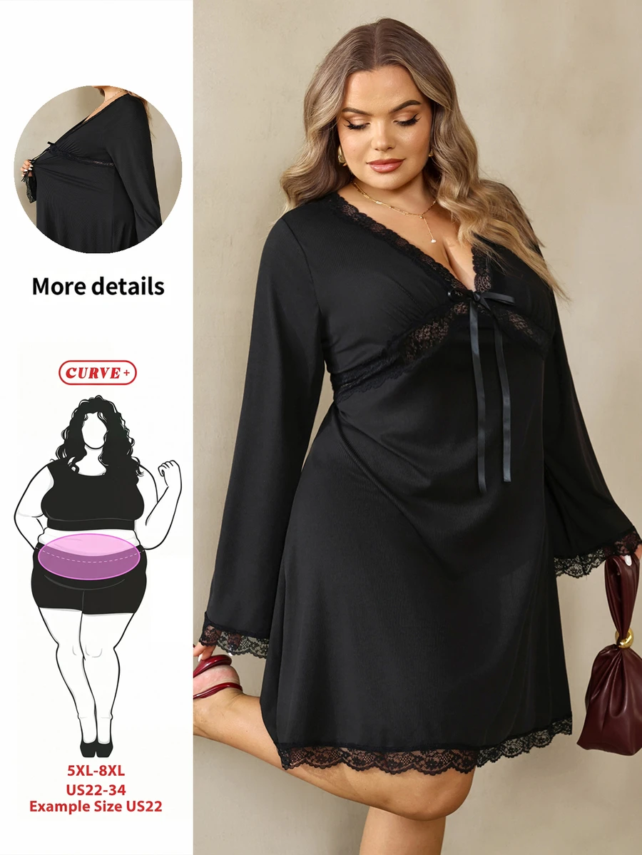 SHEIN CURVE+ Plus Size Women's Black Bell Sleeve, Christmas Halloween, Bow Decor Contrast Lace Dress - Black - View 1