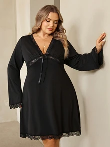 SHEIN CURVE+ Plus Size Women's Black Bell Sleeve, Christmas Halloween, Bow Decor Contrast Lace Dress - Black - View 6