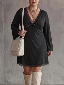 SHEIN CURVE+ Plus Size Women's Black Bell Sleeve, Christmas Halloween, Bow Decor Contrast Lace Dress - Black - View 9