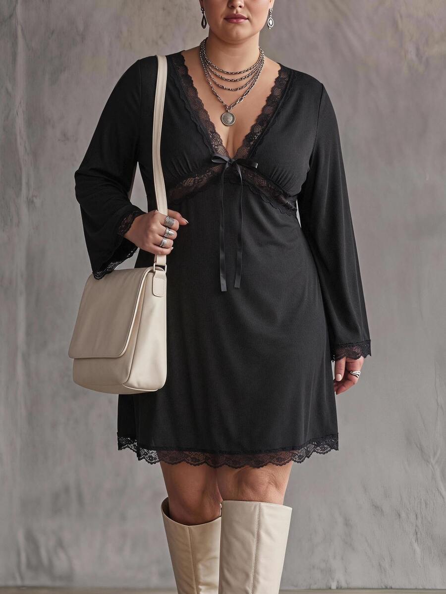 SHEIN CURVE+ Plus Size Women's Black Bell Sleeve, Christmas Halloween, Bow Decor Contrast Lace Dress Fall - Black - View 1