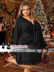 SHEIN CURVE+ Plus Size Women's Black Bell Sleeve, Christmas Halloween, Bow Decor Contrast Lace Dress - Black - View 8