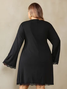SHEIN CURVE+ Plus Size Women's Black Bell Sleeve, Christmas Halloween, Bow Decor Contrast Lace Dress - Black - View 2
