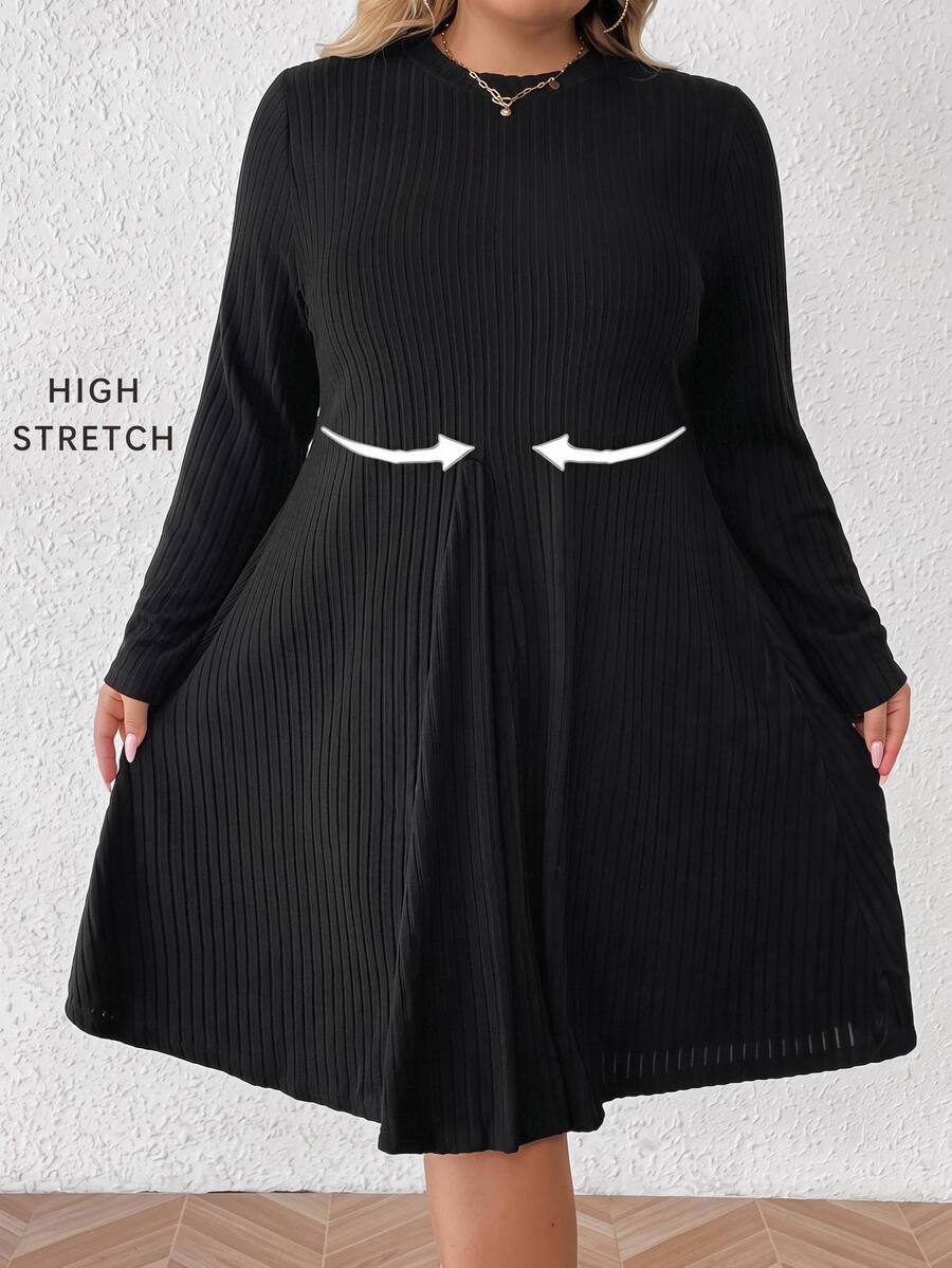 SHEIN CURVE+ Plus Size Women Solid Ribbed Knit Flare Skirt Fall Office Brunch Black Casual Elegant - Black - View 1