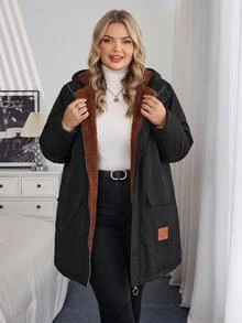 SHEIN CURVE+ Plus Size Front Zip Up Minimalist Hooded Jacket, Casual Daily Wear, For Winter Fall Cloth For Women - Black - View 5