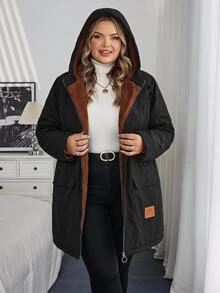 SHEIN CURVE+ Plus Size Front Zip Up Minimalist Hooded Jacket, Casual Daily Wear, For Winter Fall Cloth For Women - Black - View 3