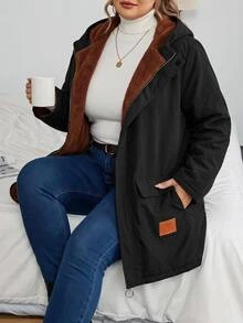 SHEIN CURVE+ Plus Size Front Zip Up Minimalist Hooded Jacket, Casual Daily Wear, For Winter Fall Cloth For Women - Black - View 1