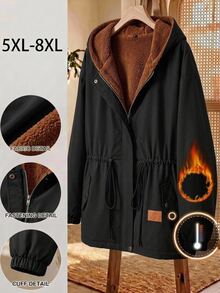 SHEIN CURVE+ Plus Size Front Zip Up Minimalist Hooded Jacket, Casual Daily Wear, For Winter Fall Cloth For Women - Black - View 4