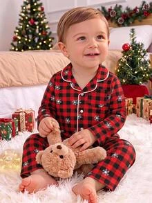 SHEIN 2pcs Baby Boy Christmas Plaid Print Pajama Set - Multicolor - View 4